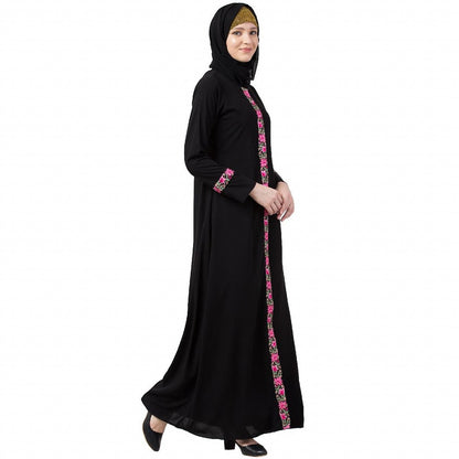 Elegant front open abaya with embroidery work- Black