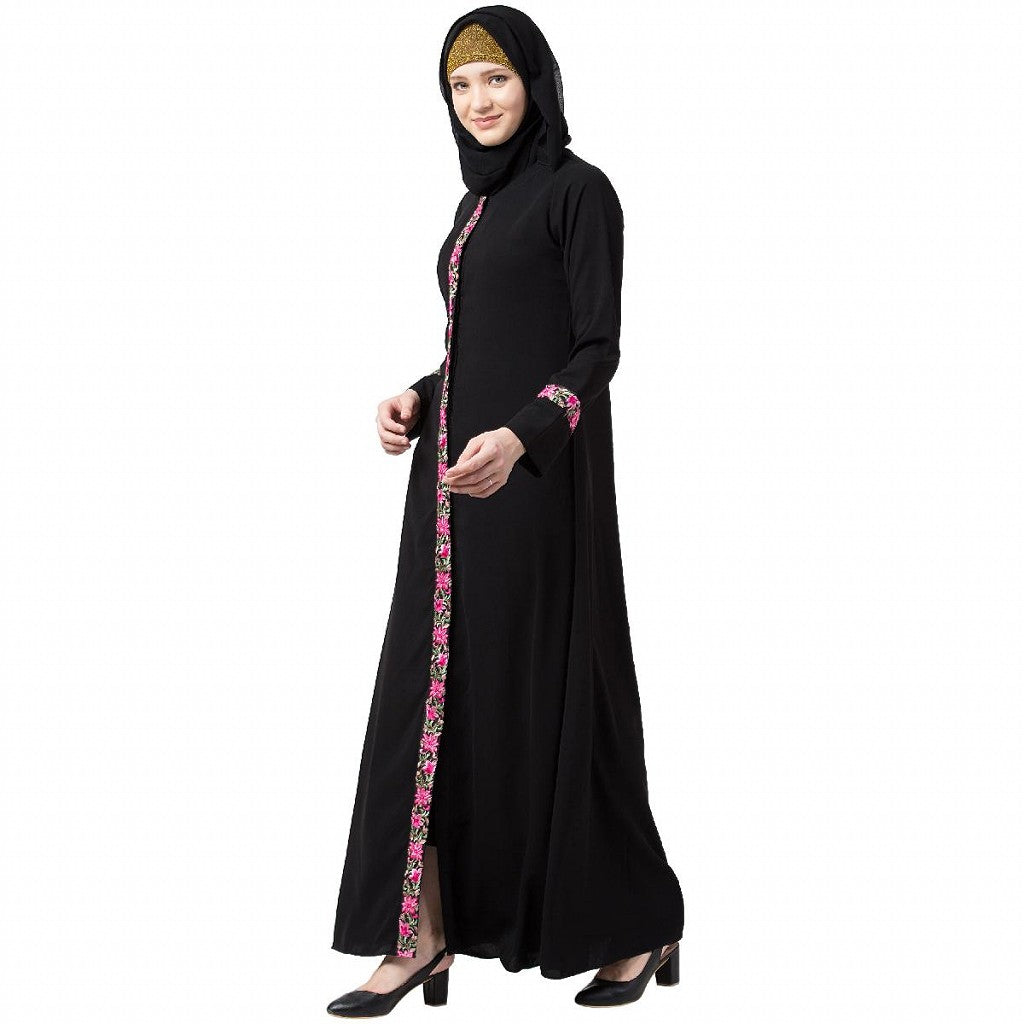 Elegant front open abaya with embroidery work- Black