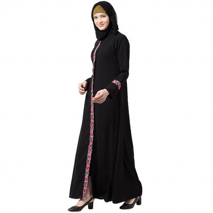Elegant front open abaya with embroidery work- Black