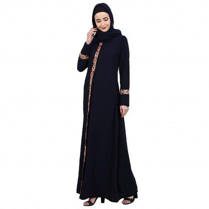 Elegant front open abaya with embroidery work- Navy Blue