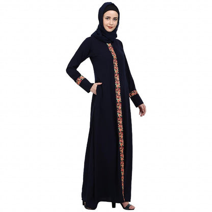 Elegant front open abaya with embroidery work- Navy Blue