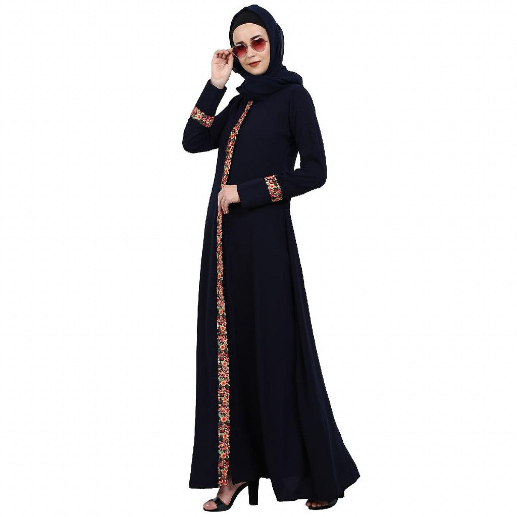 Elegant front open abaya with embroidery work- Navy Blue