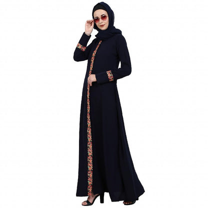 Elegant front open abaya with embroidery work- Navy Blue