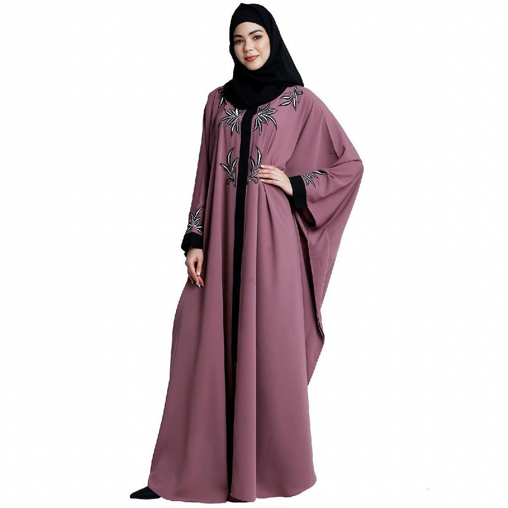 Front open kaftan with embroidery work- Puce Pink