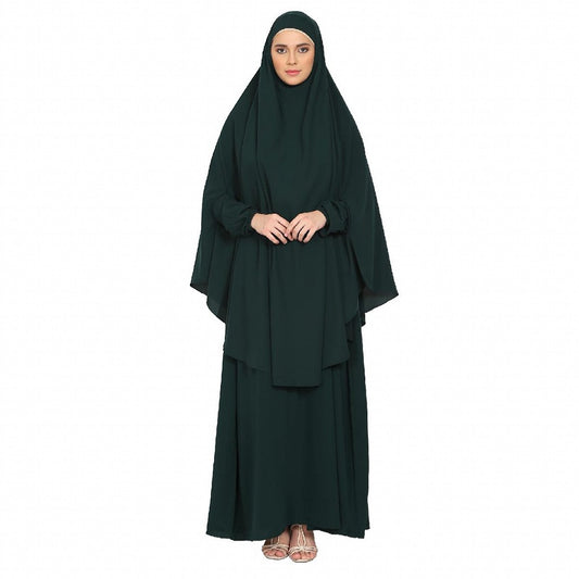 Two piece Jilbab abaya in Nida matt fabric- Bottle Green