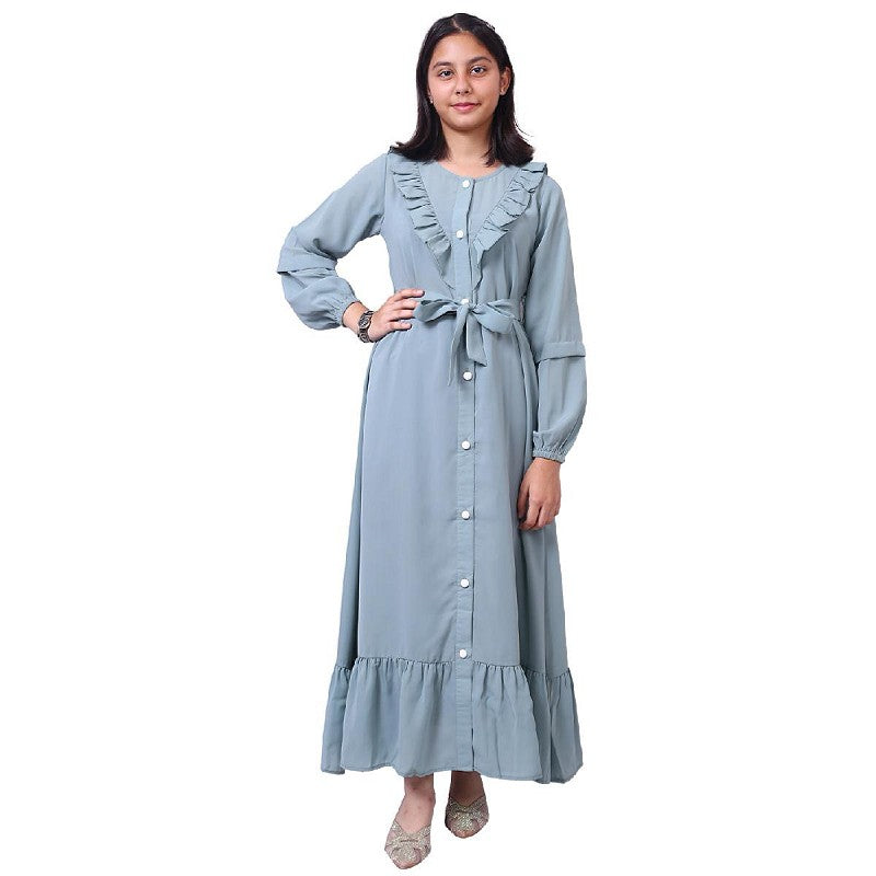Kids front open frill abaya-Sky Blue