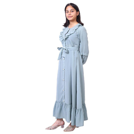 Kids front open frill abaya-Sky Blue