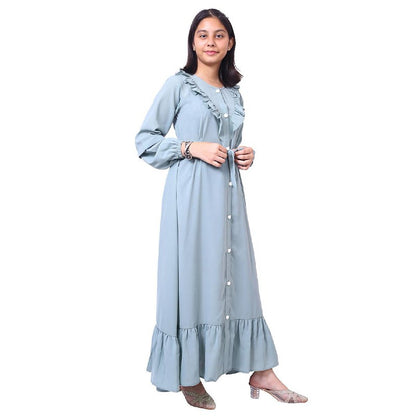 Kids front open frill abaya-Sky Blue