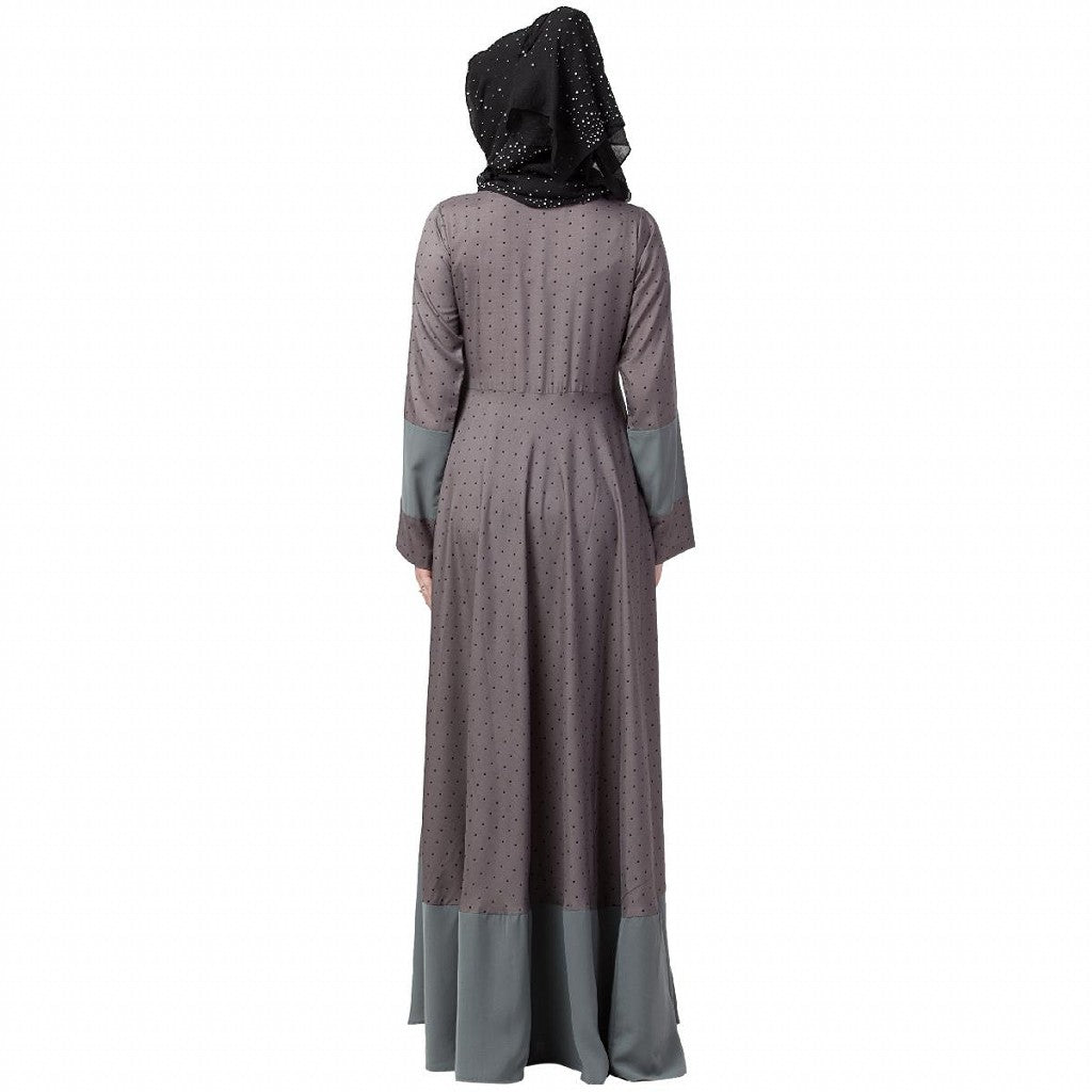 Polka dotted full flare abaya- Grey