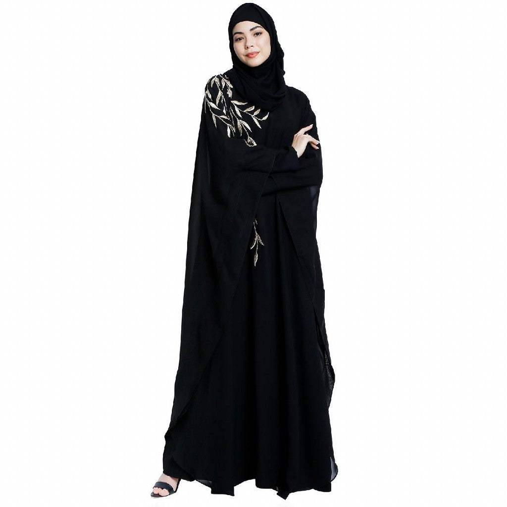 Designer double layered abaya with embroidery work- Black