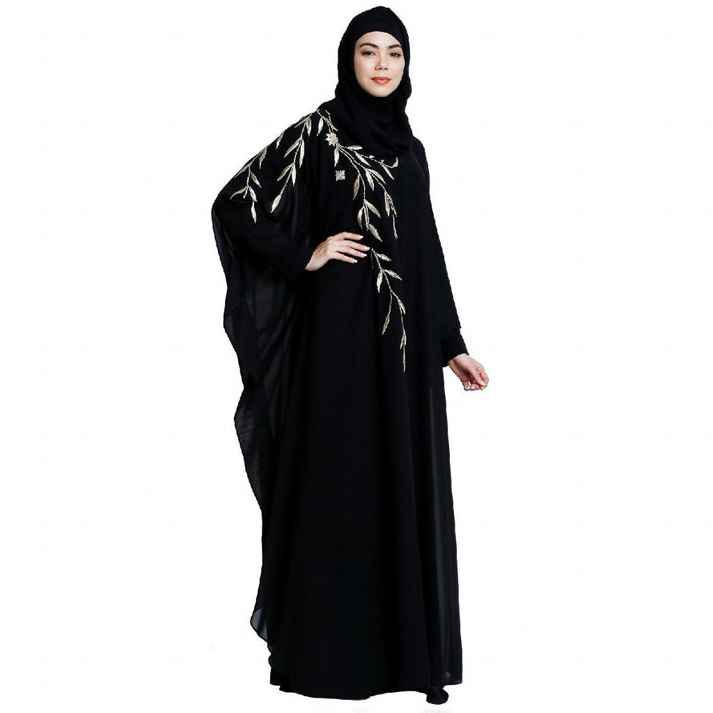 Designer double layered abaya with embroidery work- Black