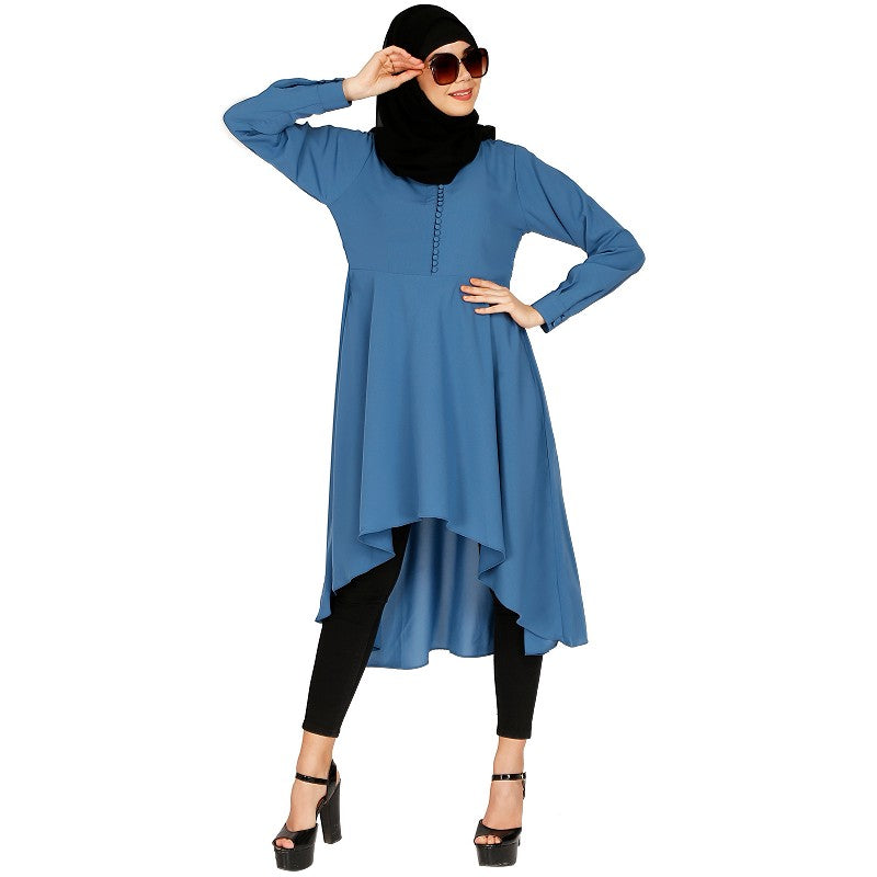 Modest Kurti with potli buttons neck design- French Blue