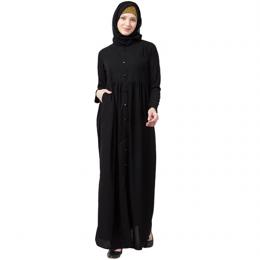 Front open abaya with pintucks- Black