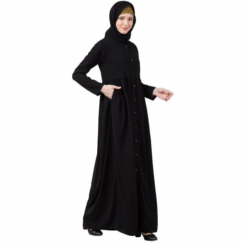 Front open abaya with pintucks- Black