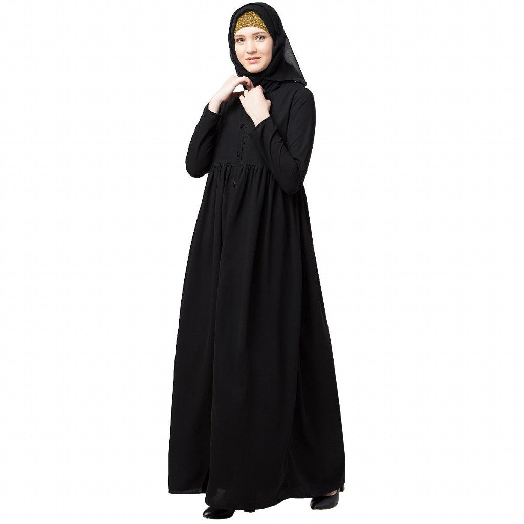Front open abaya with pintucks- Black