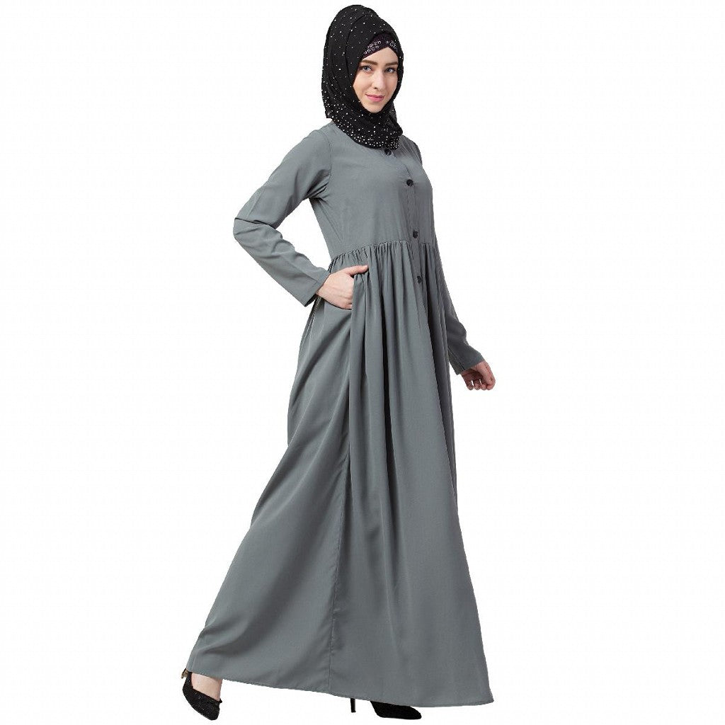 Front open abaya with pintucks- Grey