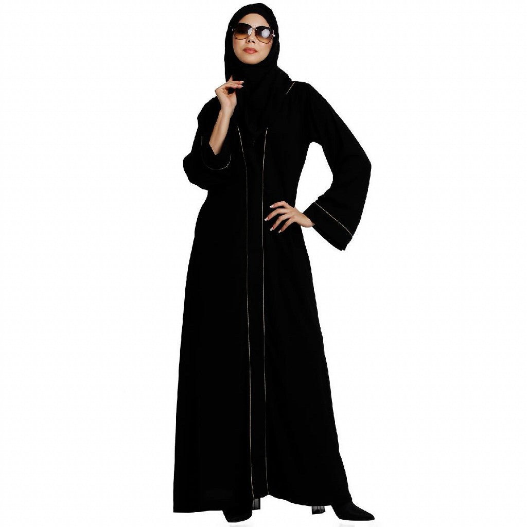 Front open abaya with piping work- Black