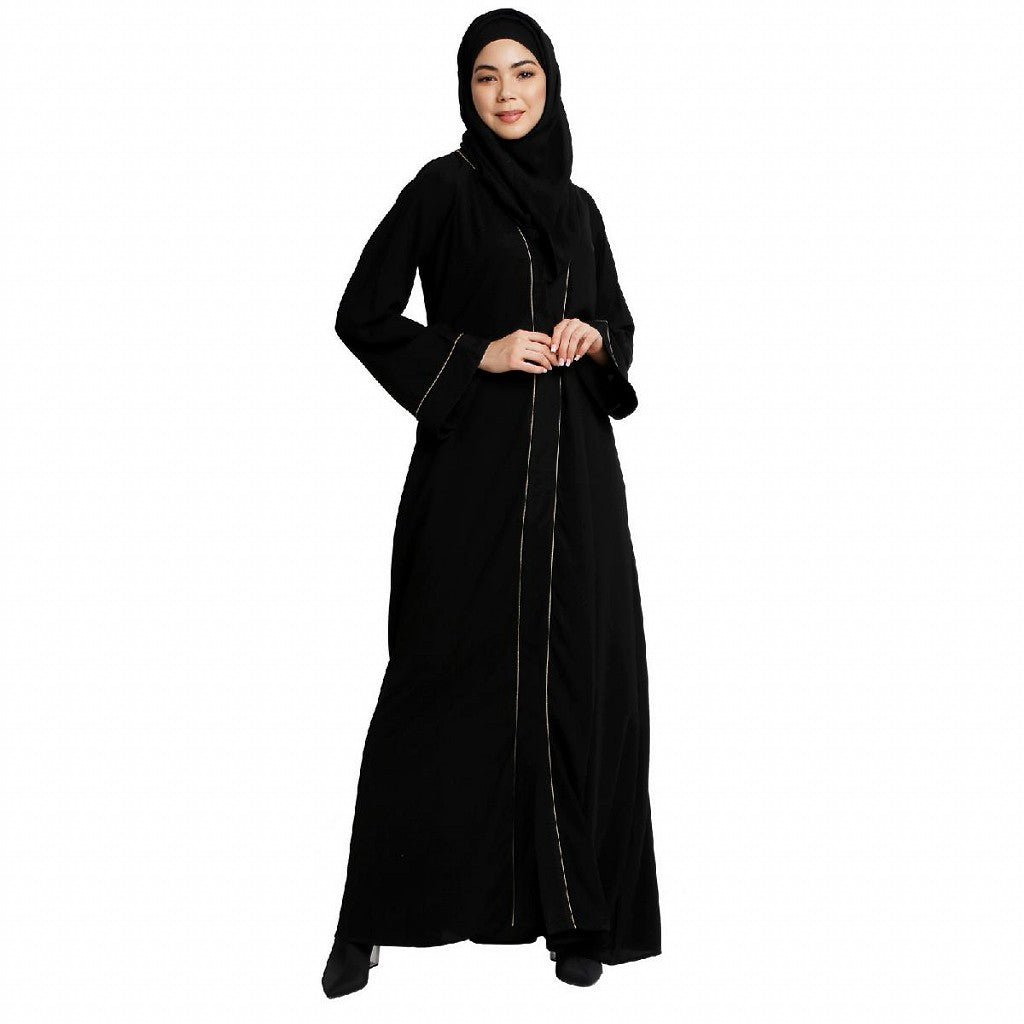 Front open abaya with piping work- Black