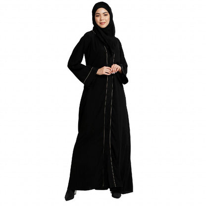Front open abaya with piping work- Black
