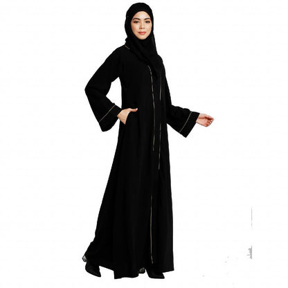 Front open abaya with piping work- Black