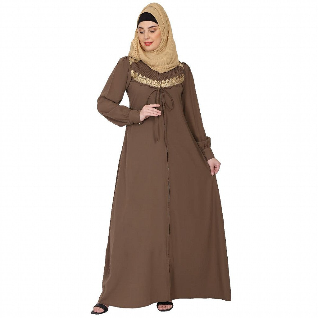 Zipper Front open pleated abaya with lace work- Beige