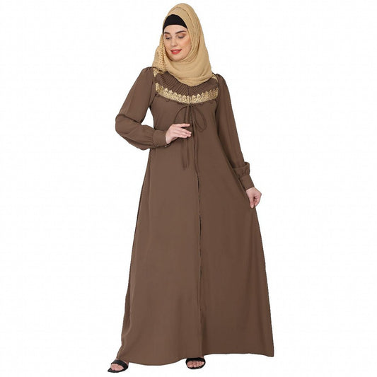 Zipper Front open pleated abaya with lace work- Beige