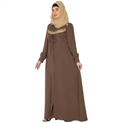 Zipper Front open pleated abaya with lace work- Beige