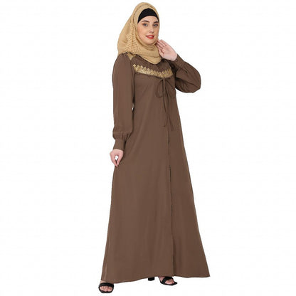 Zipper Front open pleated abaya with lace work- Beige