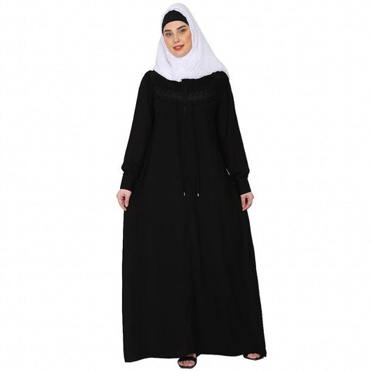Zipper Front open pleated abaya with lace work- Black