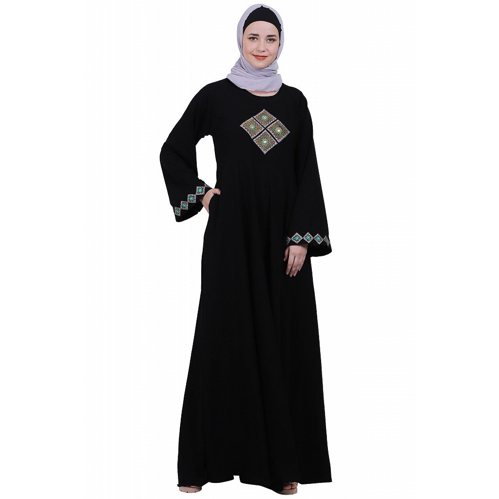 Emirates Umbrella abaya with embroidery work-Black