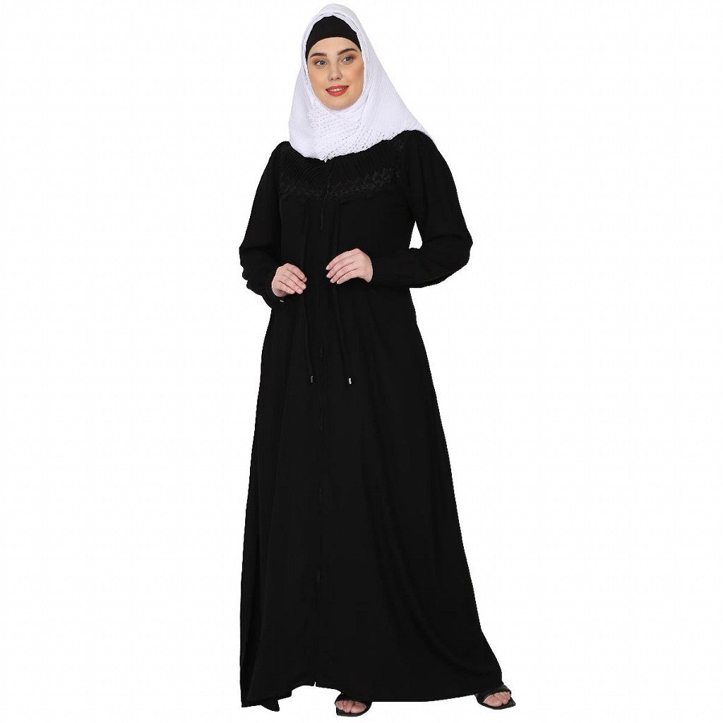 Zipper Front open pleated abaya with lace work- Black