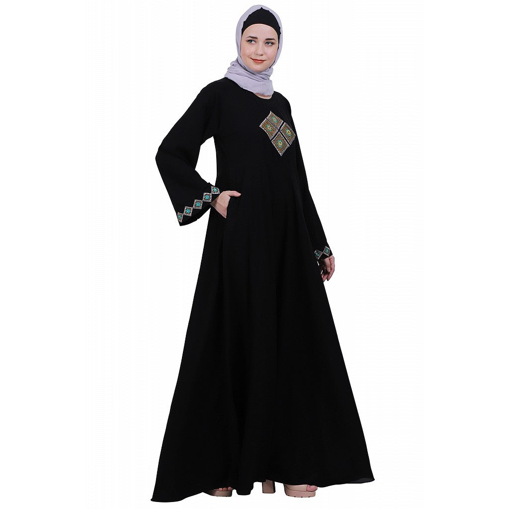 Emirates Umbrella abaya with embroidery work-Black