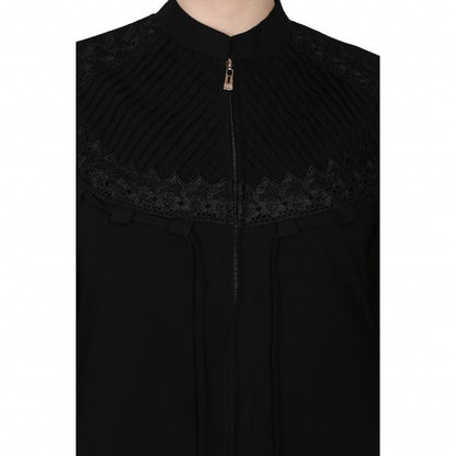 Zipper Front open pleated abaya with lace work- Black
