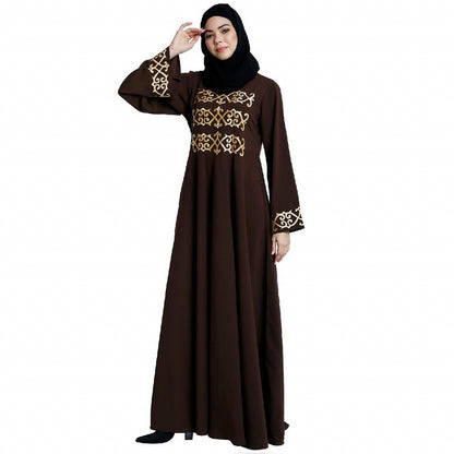 Umbrella abaya with golden embroidery work - Coffee Brown