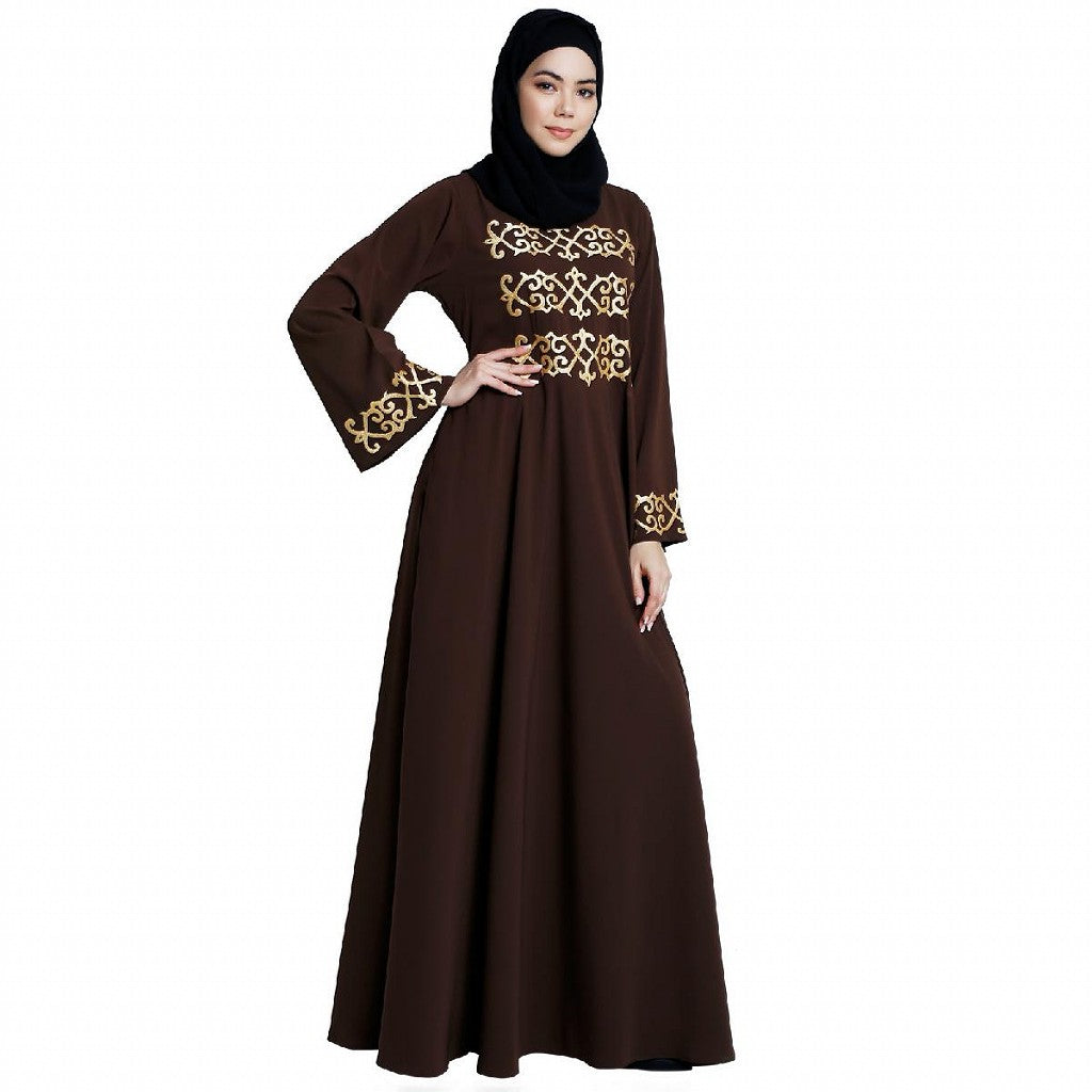 Umbrella abaya with golden embroidery work - Coffee Brown