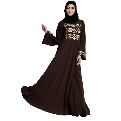 Umbrella abaya with golden embroidery work - Coffee Brown