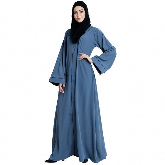 Front open abaya with piping work- French Blue