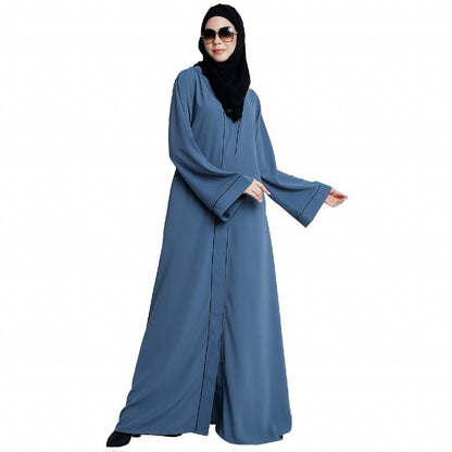 Front open abaya with piping work- French Blue