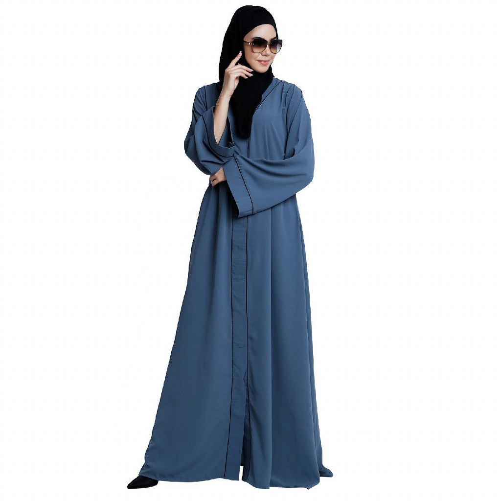 Front open abaya with piping work- French Blue