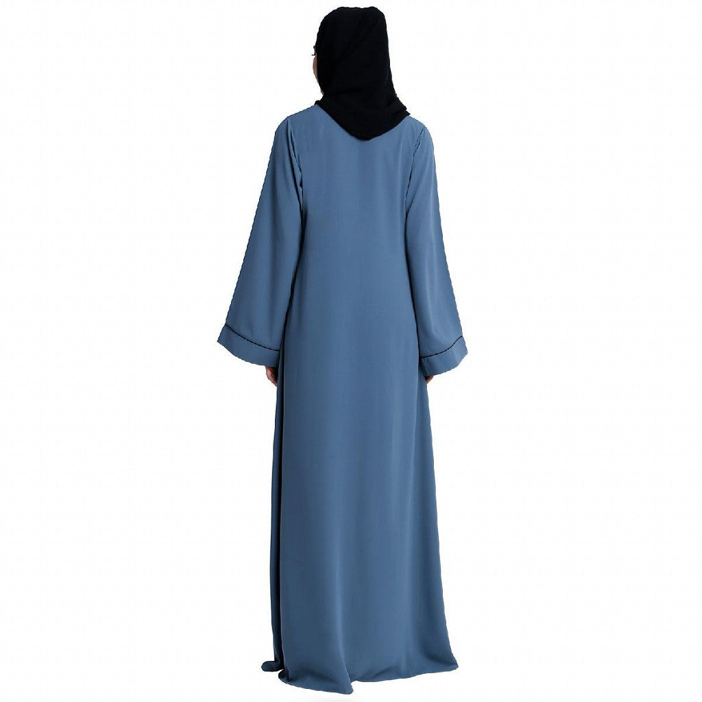 Front open abaya with piping work- French Blue