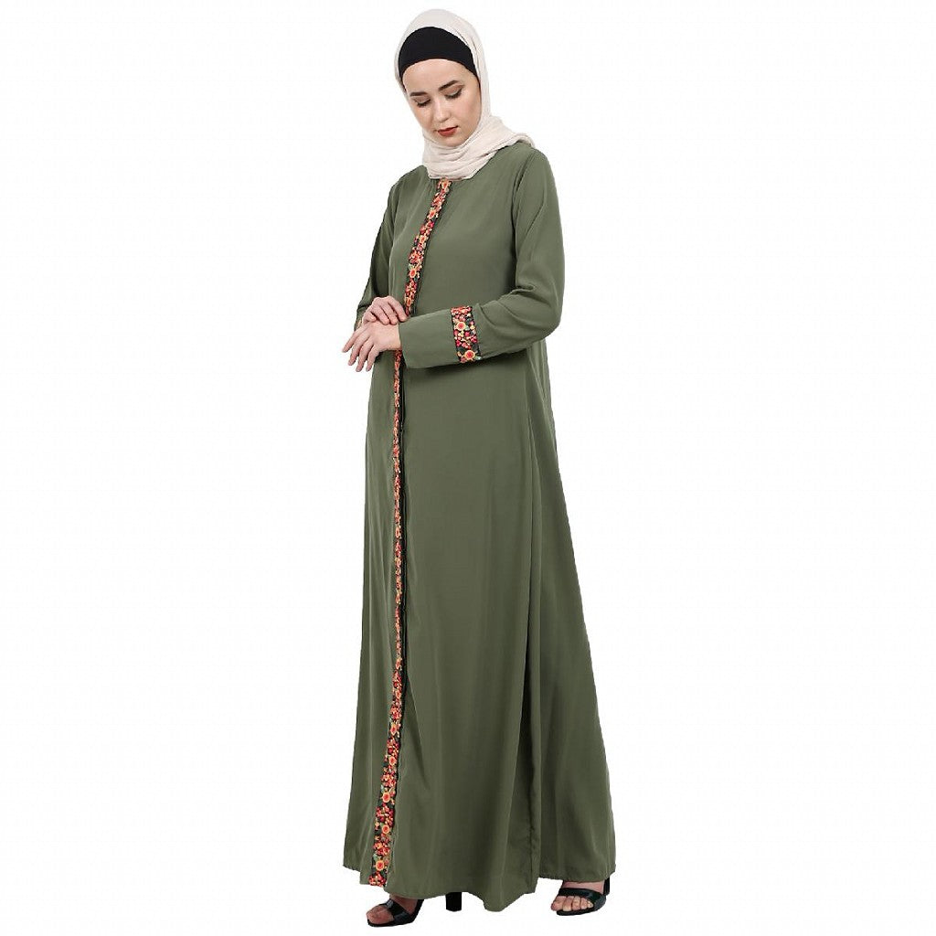 Elegant front open abaya with embroidery work- Jade Green