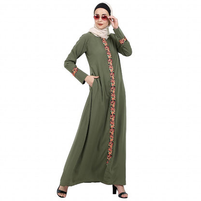 Elegant front open abaya with embroidery work- Jade Green