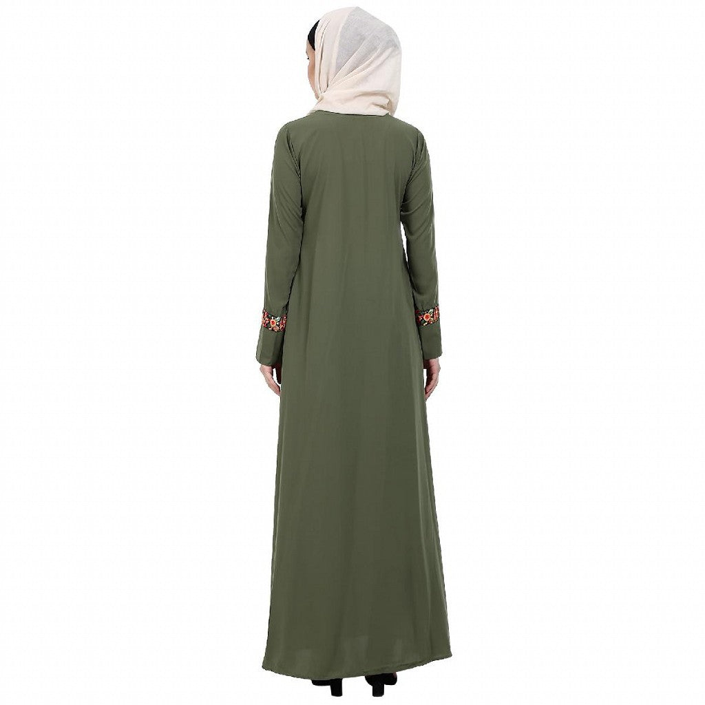 Elegant front open abaya with embroidery work- Jade Green