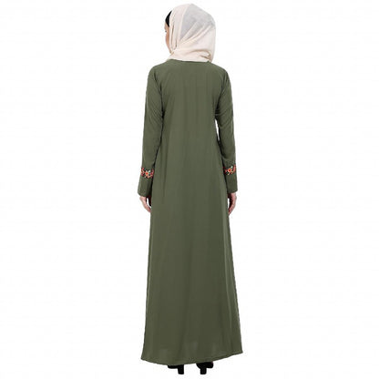 Elegant front open abaya with embroidery work- Jade Green