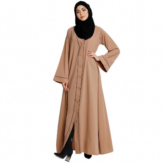 Front open abaya with piping work- Khaki