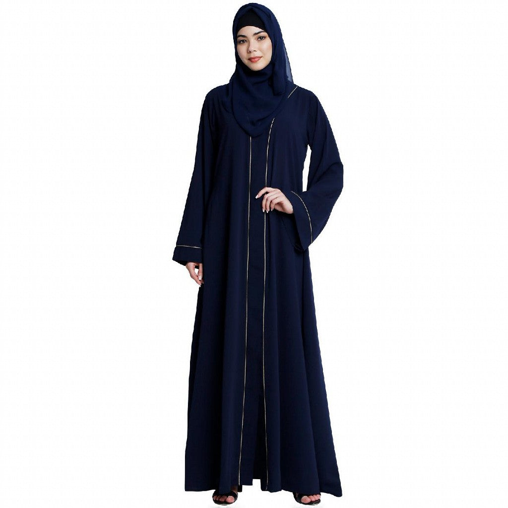 Front open abaya with piping work- Navy Blue