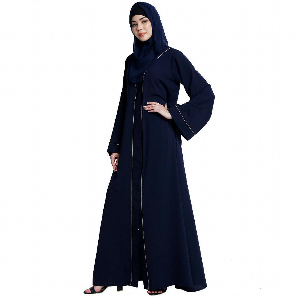 Front open abaya with piping work- Navy Blue