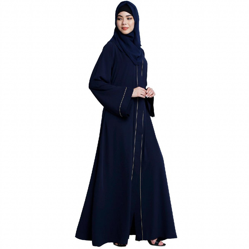 Front open abaya with piping work- Navy Blue