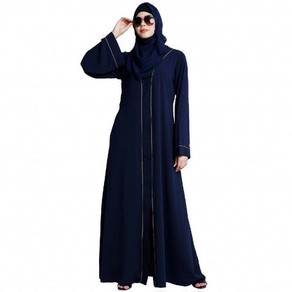 Front open abaya with piping work- Navy Blue