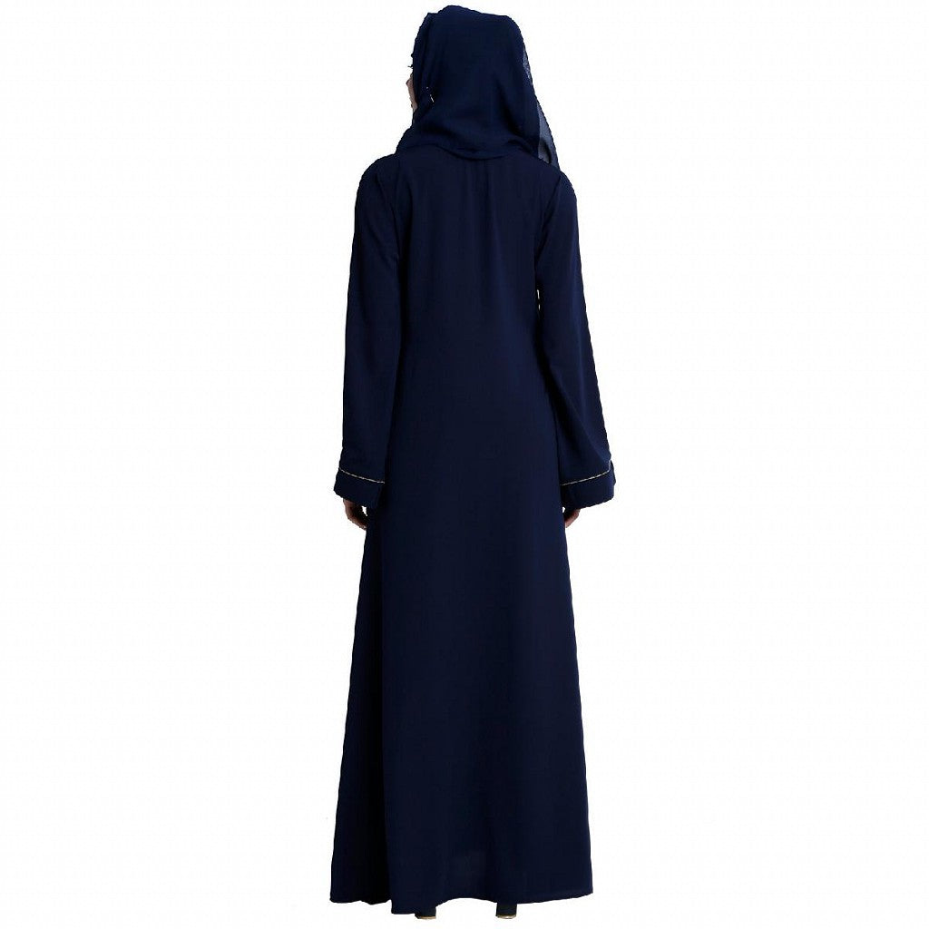 Front open abaya with piping work- Navy Blue
